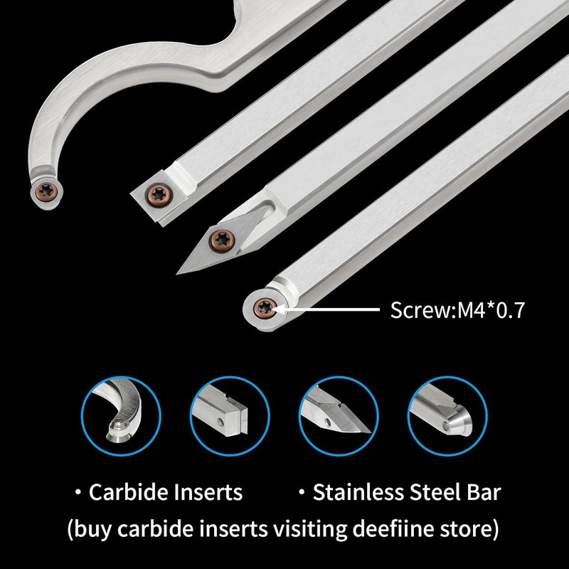 DEEFIINE Carbide Tip Wood Lathe Turning Tool Kit, Lathe Roughing and Finishing Hollow Tool Interchangeable Aluminum Alloy Handle with Diamond Round Square Carbide Inserts (Metal handle) - Image 2